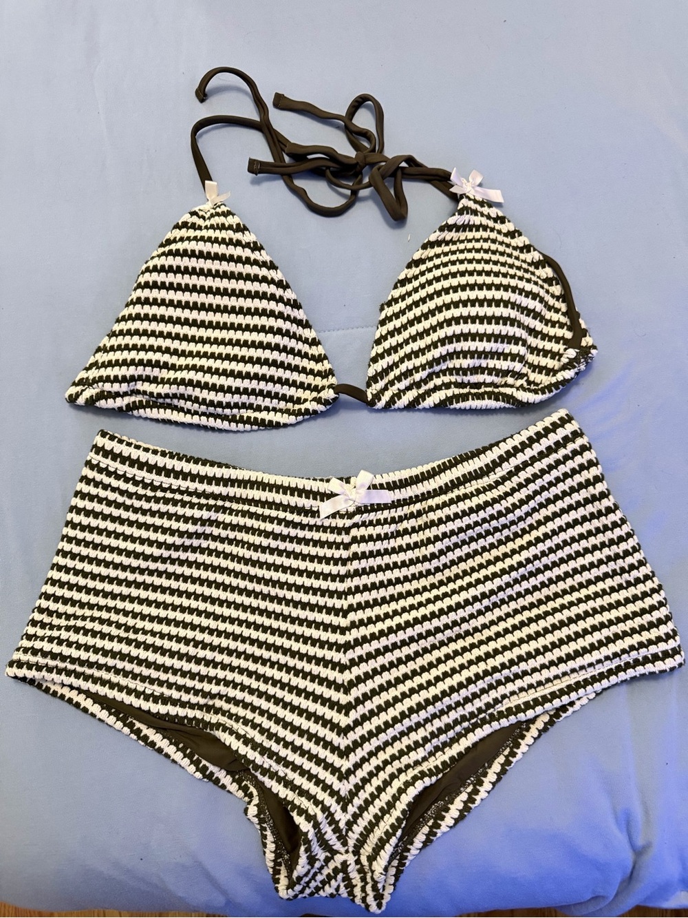 Black & White Striped Women's High-Waist Swim Shorts and Triangle Bikini Top